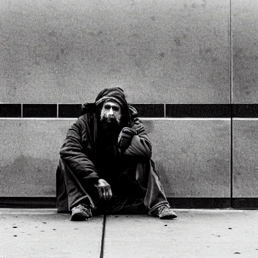 Prompt: portrait of a homeless man in New York city, matte paint, sharpen, raining