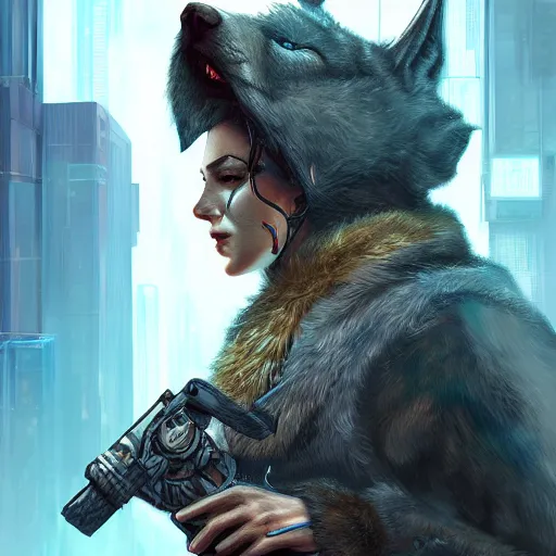 Image similar to A Wolf Scoundrel, Cyberpunk, digital art, award winning, artstation, masterpiece, very detailed, oil painting