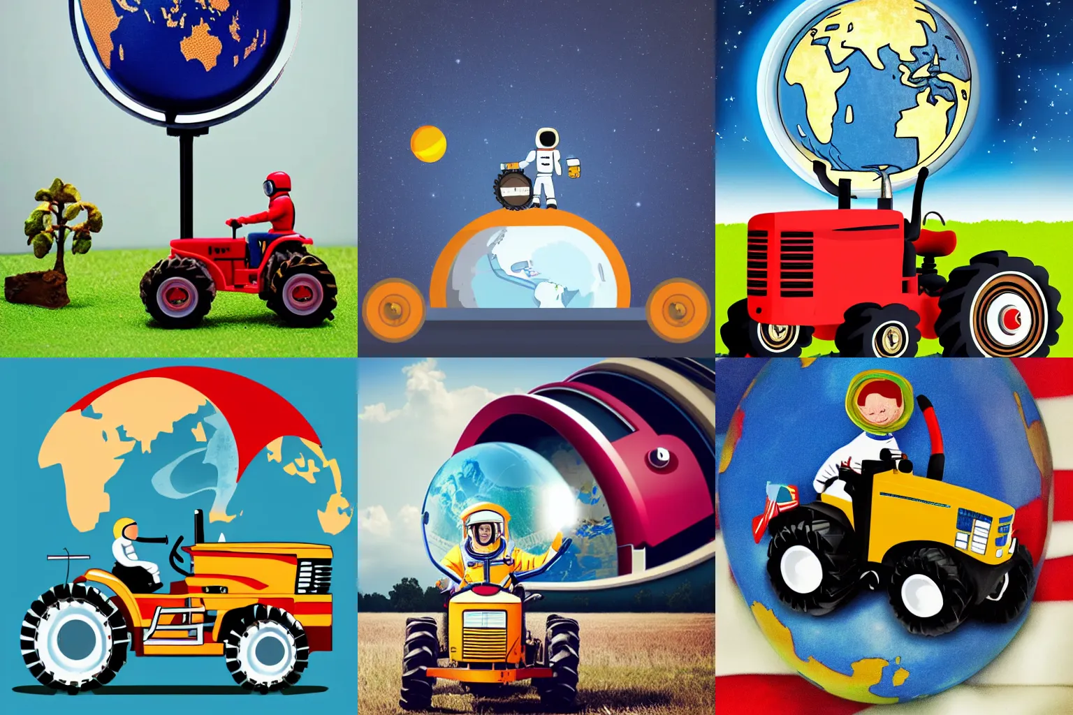 Prompt: a astronaut driving a tractor on a globe, GVC design