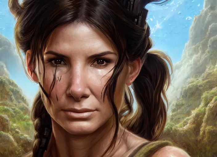 Image similar to face portrait of concentrated young Sandra Bullock as Lara Croft with pig-tails entering an incredible epic ruin, glorious sun beams, intricate, elegant, highly detailed, digital painting, short focus, illustration, Allan Lee, John Howe