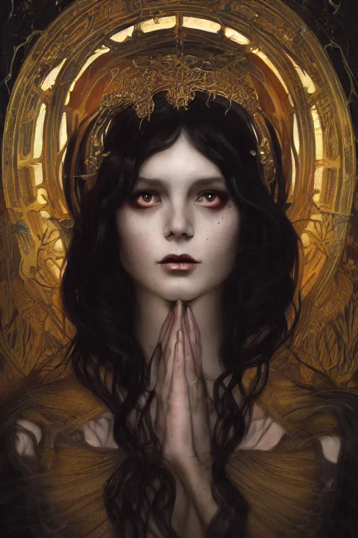 Image similar to a portrait of bio - luminescent beautiful demon queen in deep, black darkness, shining eyes, illustration, dramatic lighting, soft details, painting oil on canvas, art nouveau, octane render, hdr, 4 k, 8 k, hd, by edmund blair leighton, brom, charlie bowater, trending on artstation, faces by tom bagshaw, sargent