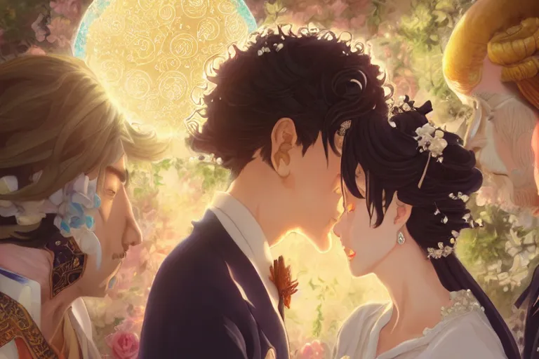 Image similar to a dreamlike portrait of wedding close up moment of a divine a japan sun god and moon goddess lovers magician at a wedding banquet. highly detailed, digital painting, fantasy wedding screen, 8 k realistic, hyper detailed, by makoto shinkai and akihiko yoshida and hidari and wlop