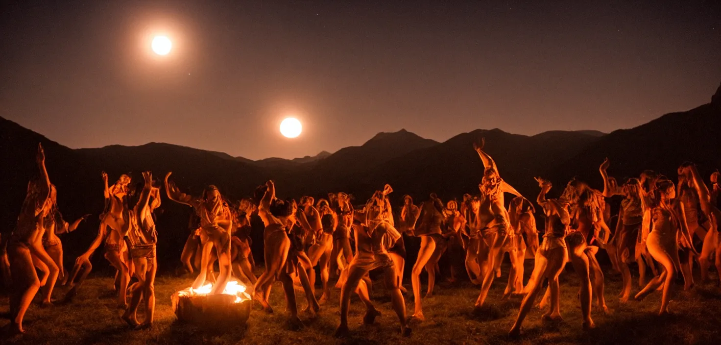 Prompt: a very high resolution historical image. a giant full moon in the mountains while young women dance in ecstasy in the firelight as the satanic ritual begins, 2 4 mm, photorealistic, photography, night directed by wes anderson