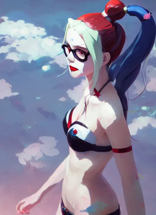 Image similar to portrait of cute harley quinn, cloudy sky background lush landscape illustration concept art anime key visual trending pixiv fanbox by wlop and greg rutkowski and makoto shinkai and studio ghibli