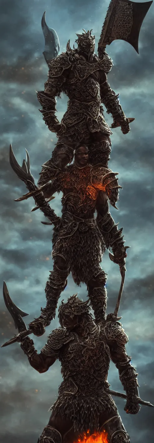 Image similar to portrait photo of a brutal melanated dark skin Warrior, wearing intricate nordic steel armour, holding a magical fiery battle-axe, sharp focus, highland landscape with few trees background, magical aura, heroic pose, fantasy style, octane render, volumetric lighting, 8k high definition, highly detailed, trending on ArtStation, centred