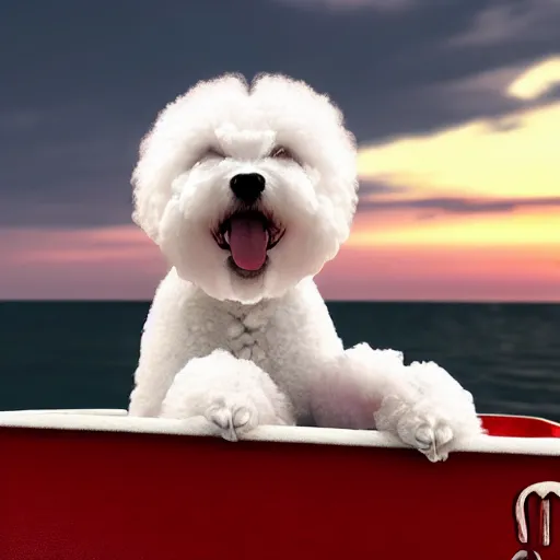 Prompt: a photorealistic photograph of a smiling white Bichon Frisé puppy riding in red wagon and eating french fries during sunset at the beach Trending on Artstation, featured on Behance, well-rendered, Unreal Engine, 4K HD