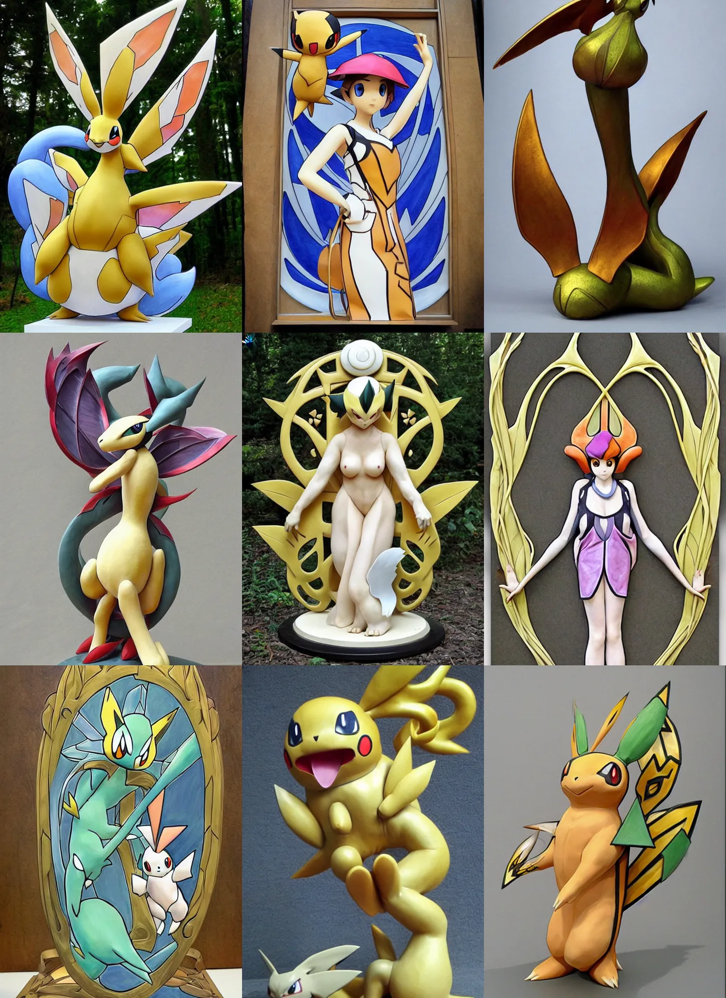 Prompt: real life sculptures or pokemon, art nouveau style