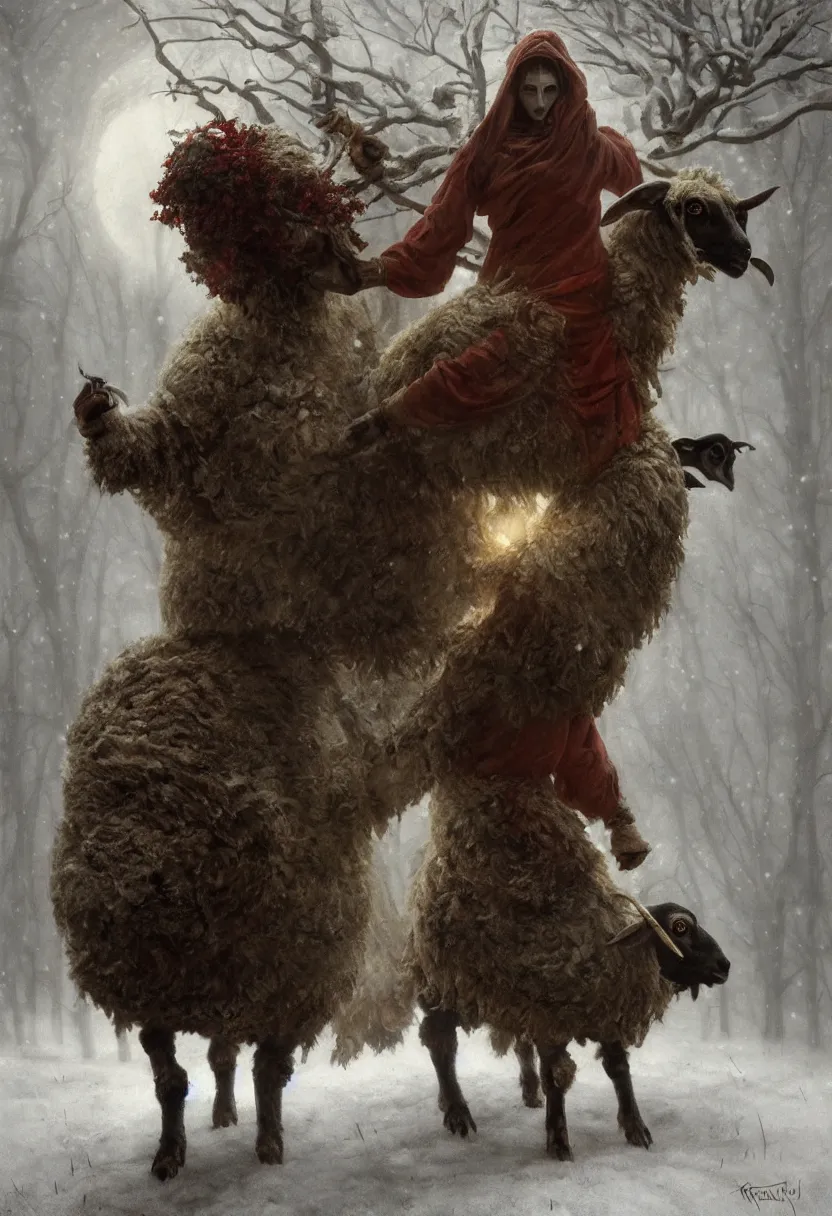 Prompt: spooky slavic pagan ritual with figure in sheep skin chasing away the winter. extremely high fidelity, 8 k, super resolution, cinematic view, super resolution, epic, hyperdetailed, digital painting, artstation, concept art, smooth, sharp focus, octane render, dramatic lighting, art by artgerm and greg rutkowski and alphonse mucha and wlop