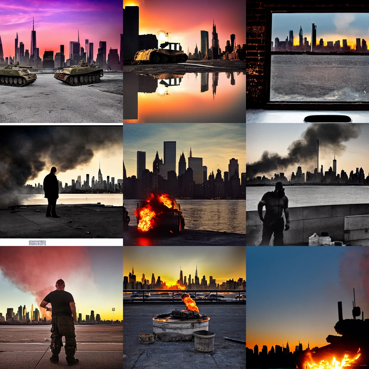 Image similar to destroyed tank in front of the new york skyline, smoking and burning, reflections, award winning photograph, sunset, desolate, atmospheric