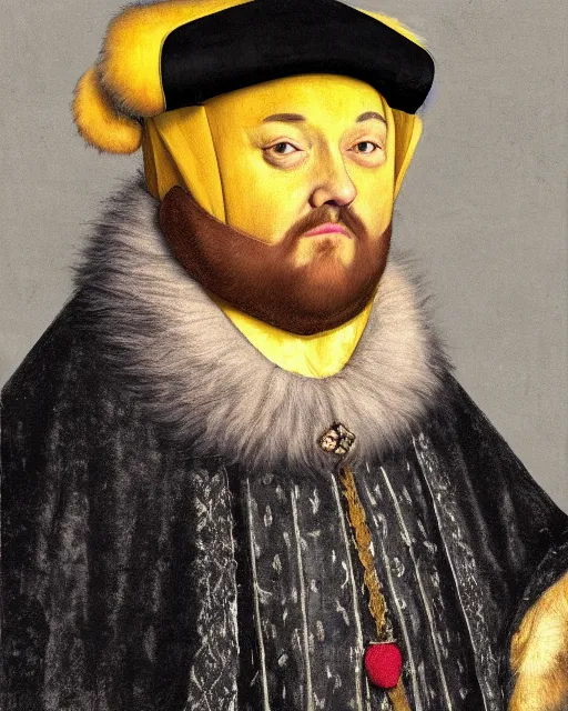 Prompt: fat dark gray cat!! with yellow eyes dressed like henry viii, tudor period robes in scarlet gold black, tudor bonnet, luxurious, opulent, regal, royal portrait, hans holbein the younger, greg rutkowski