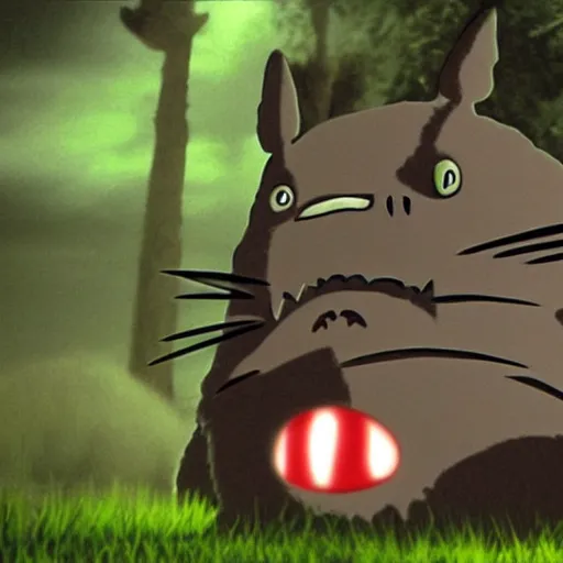 Prompt: action photograph of a terrifying totoro with glowing eyes about to attack the camera from the shadows, gothic, horror film, claws, sharp teeth, aggressive violent realistic flash photography
