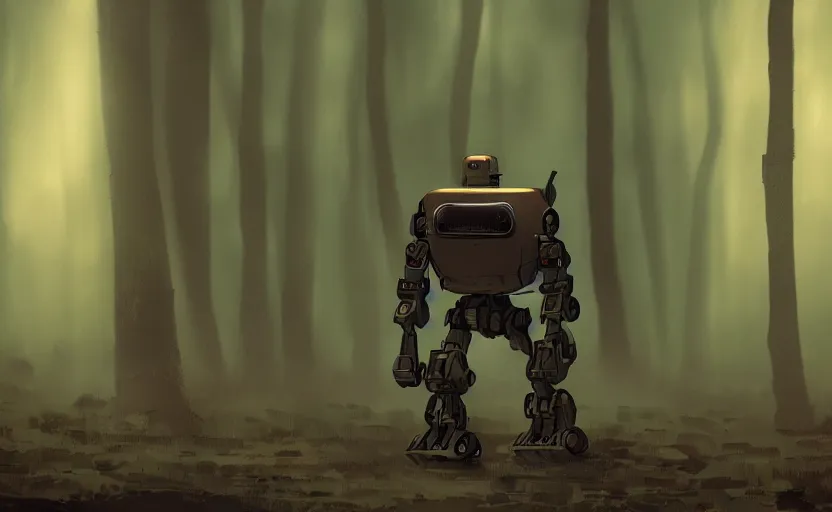 Image similar to depressed weaponized robot, forest, alone, gritty, artstation, ww 3