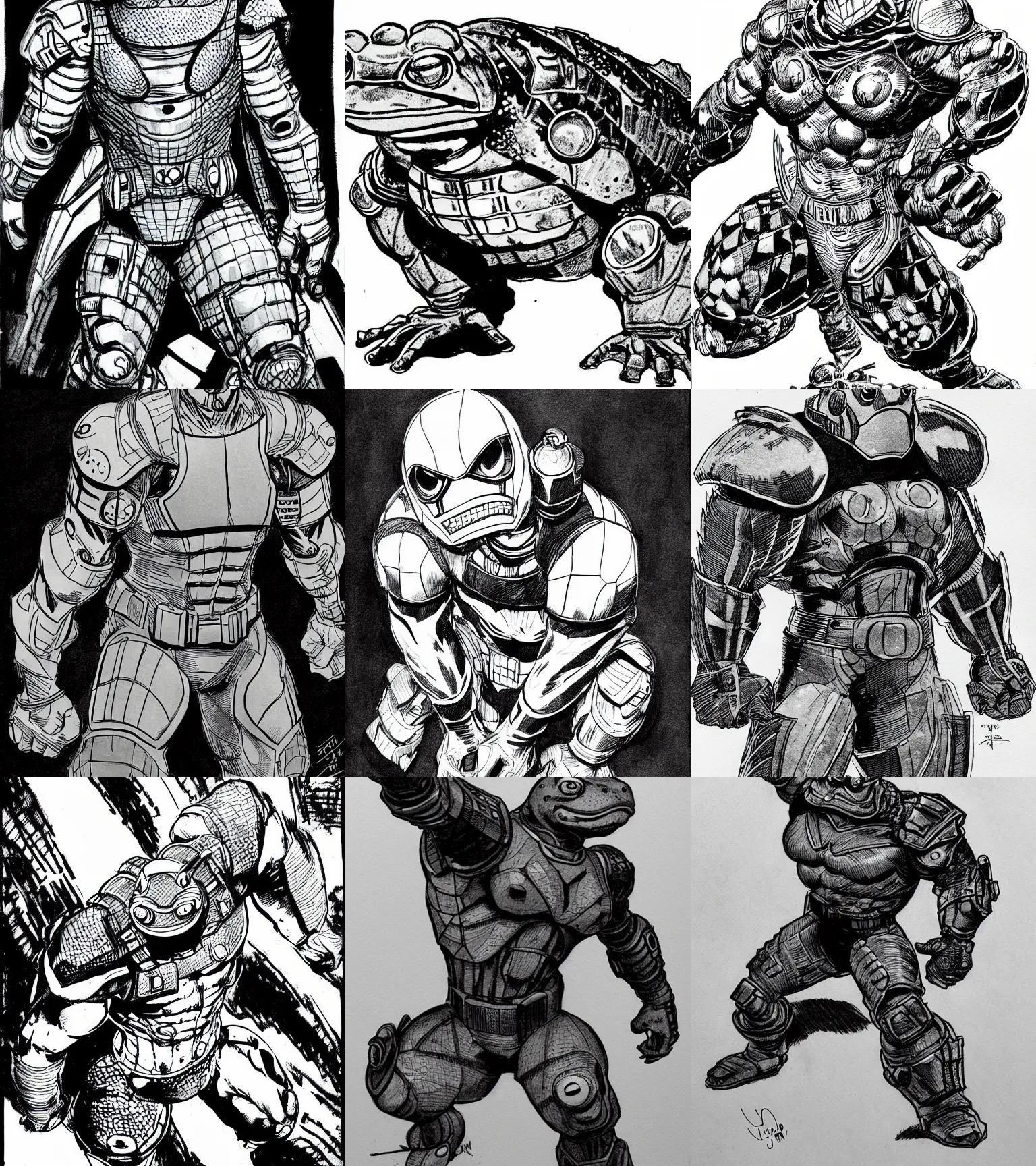 Prompt: toad animal!!! jim lee!!! medium shot!! flat grayscale ink sketch by jim lee close up in the style of jim lee, cyborg! armored! hunter hulk toad animal looks at the camera by jim lee