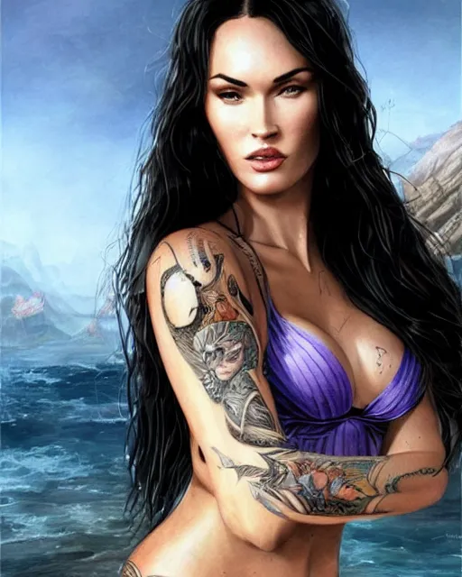 Prompt: tattooed megan fox wearing a mermeid shell bikini top, atlantis in the background, one eye wink, highly detailed face, realistic face, beautiful detailed eyes, fantasy art, in the style of greg rutkowski, illustration, epic, fantasy, intricate, hyper detailed, artstation, concept art, smooth, sharp focus, ray tracing, vibrant,