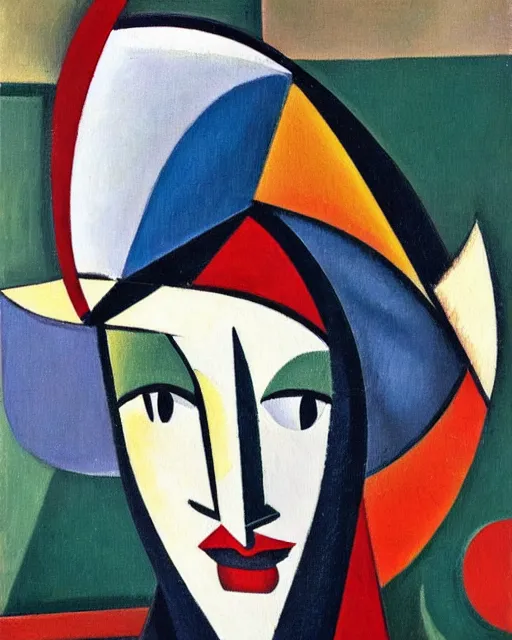 Prompt: a painting of a woman wearing a hat, an art deco painting by andre lhote, behance, orphism, picasso, cubism, constructivism