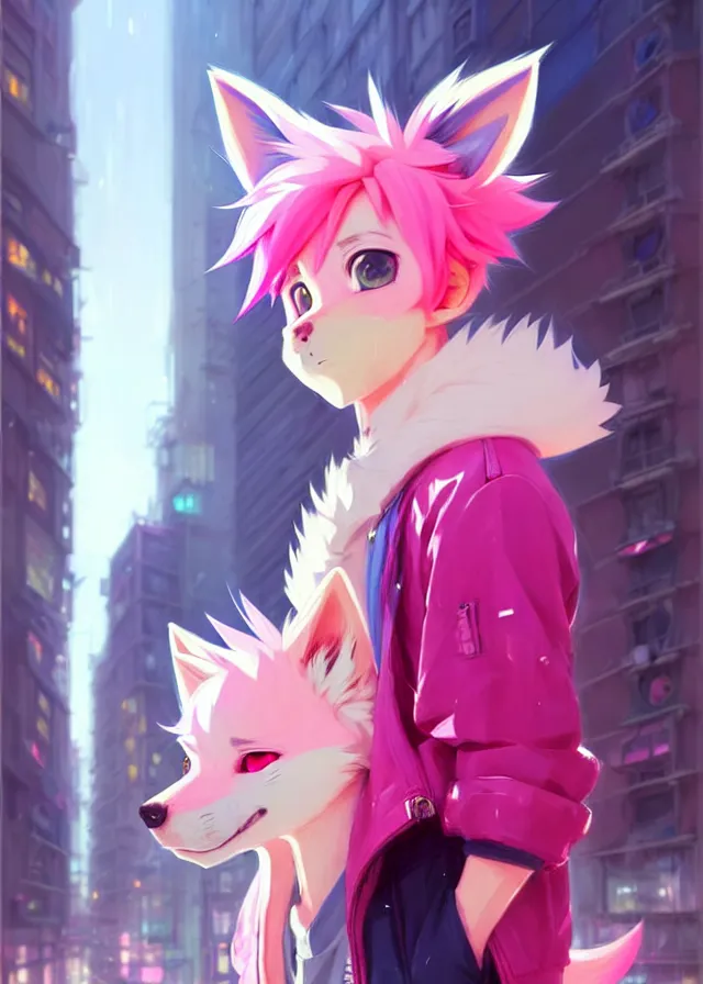 Image similar to portrait of a cute anime boy with pink hair and pink wolf ears and pink wolf tail wearing stylish clothes in a city | | highly detailed digital art painting by ruan jia, cory loftis, jeremy mann. artstation, pinterest, volumetric lighting, subsurface scattering, photorealistic, octane render, random artists