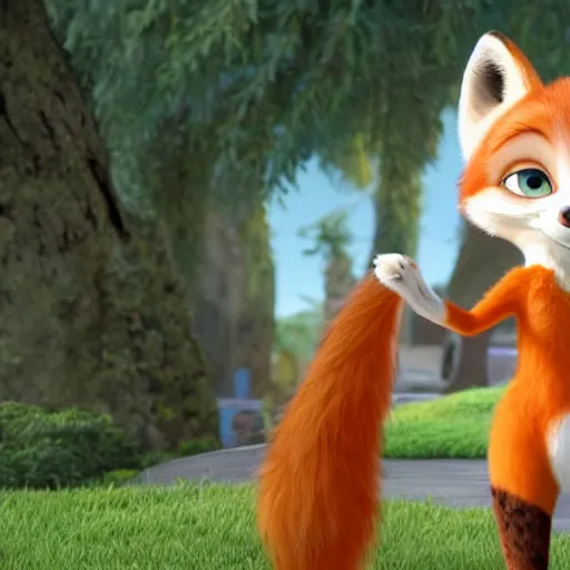 Image similar to anthropomorphic female fox with short white fur covering her body in the style of zootopia