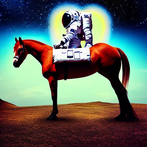 Prompt: horse is sitting on the back of human, human is wearing astronaut costume, located on unknown planet, hdr, anamorphic lens, hyper realistic, stunning scene