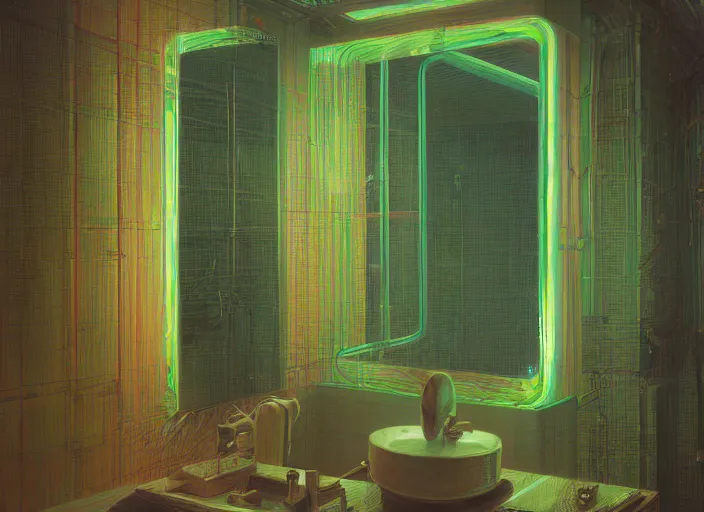 Prompt: A bathroom, mirror, neon, RGB, glowing wires everywhere, decay, by Edgar Maxence and Ross Tran, Zdzisław Beksiński, and Michael Whelan, distant, gustav dore, H.R. Giger, 8k, octane render