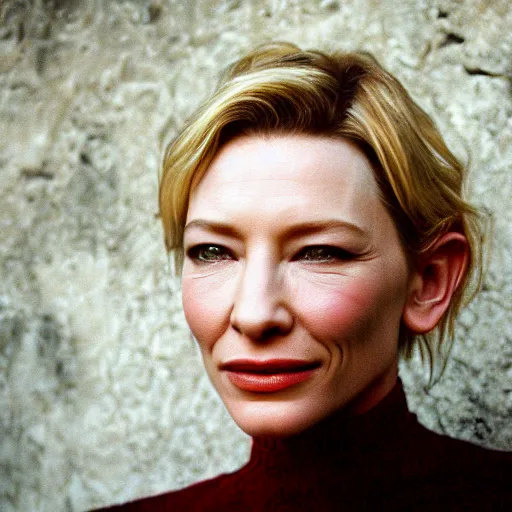 Prompt: very detailed and textured photo of cate blanchett in 1999, by Steve McCurry, cinestill 800t 18mm 4k