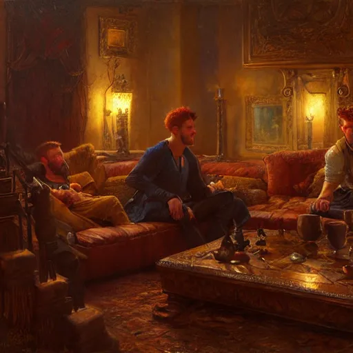 Image similar to attractive male mike with ginger hair and attractive male tyler with brunet hair, drinking their hearts out, in their noble mansion, at night. highly detailed painting by gaston bussiere, craig mullins, donato giancola 8 k