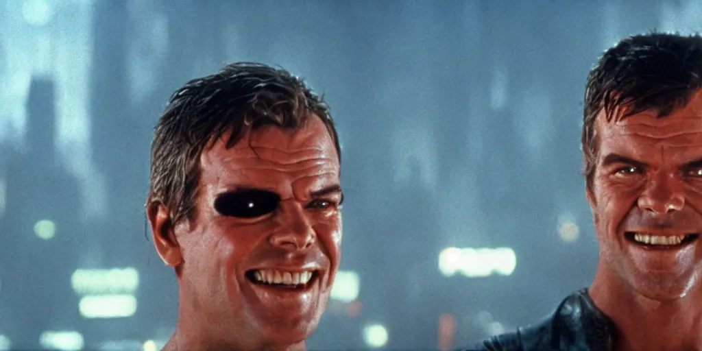 Prompt: young Jack Nicholson as Rick Deckard on blade runner 1982, smiling, looking up, the city can be seen in the background, 35mm, movie still, in color, movie frame, detailed face, symmetrical face, 4k