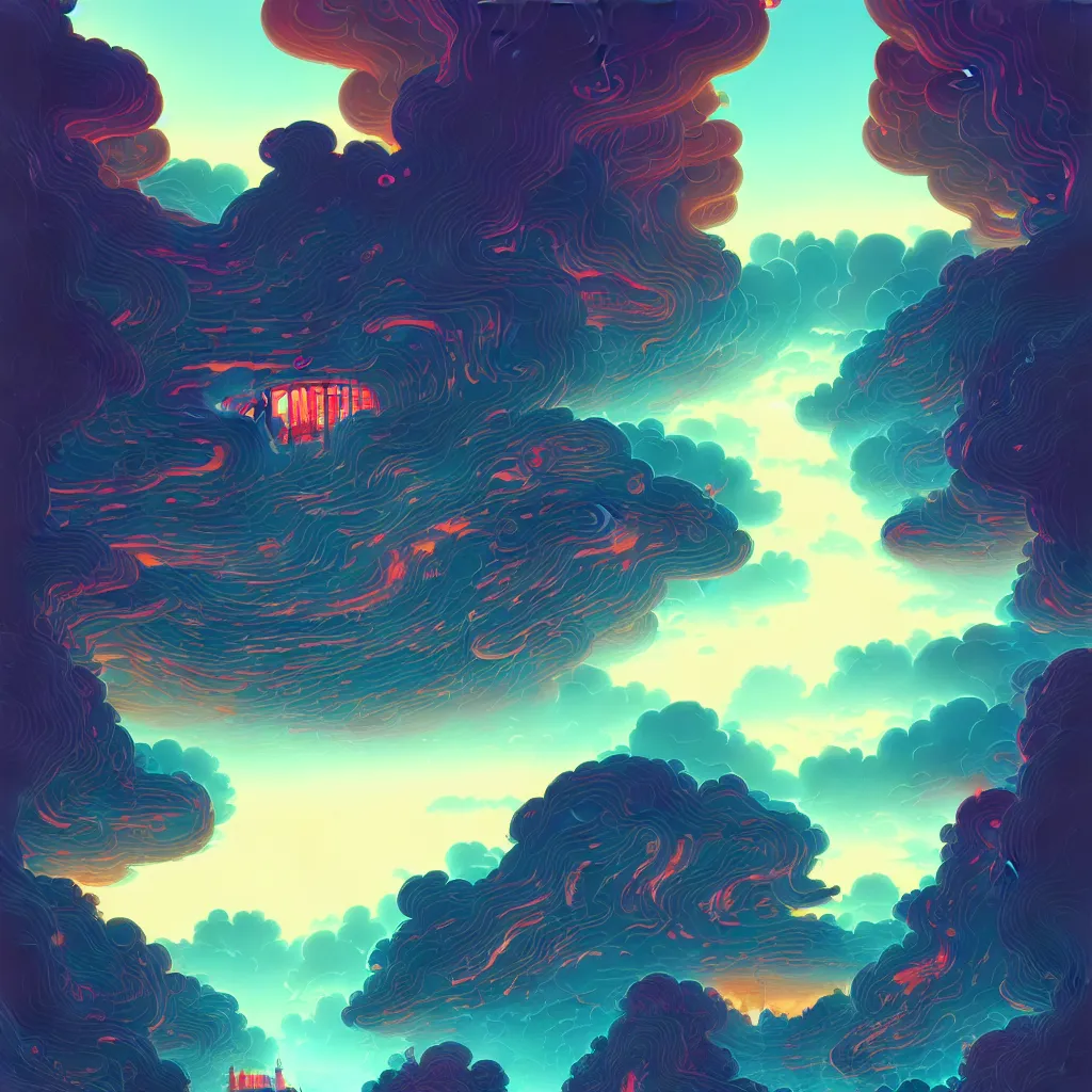 Image similar to illustration of a data-center architecture schema, connector, firewall, cloud, security, river, trees, thunderstorm, trending on Artstation, painting by Jules Julien, Leslie David and Lisa Frank and Peter Mohrbacher and Alena Aenami and Dave LaChapelle muted colors with minimalism