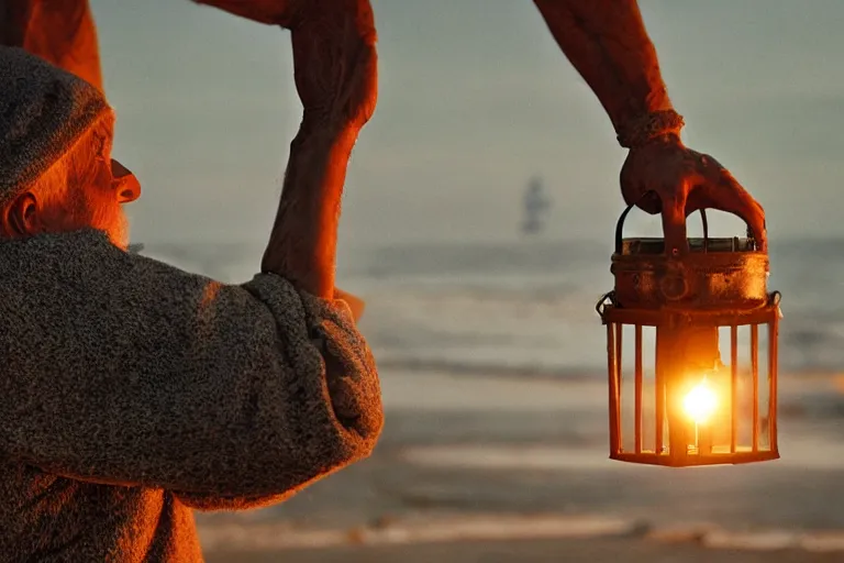 Image similar to closeup old man holding up a lantern on the beach in a pirate bay meet to a old wood shack by emmanuel lubezki