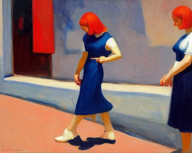 Image similar to blond woman with red and blue shoes in israel, salsa vendor, oil on canvas by edward hopper