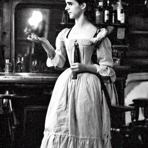 Image similar to emma watson 1 8 0 0 s in a busy saloon, black - and - white photo,