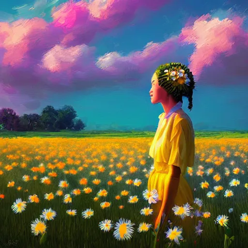 Image similar to girl with a full daisies head, surreal photography, flower field, sunset dramatic light, impressionist painting, colorful clouds, blue sky, digital painting, artstation, simon stalenhag