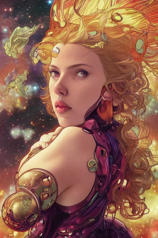 Image similar to celestial anthropomorphic puppy scarlett johansson, by artgerm and yoshitaka amano and moebius and alphonse mucha, hyperdetailed, dc comics, ornate, nebula, explosions in the sky, trending on artstation