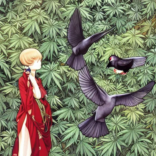 Image similar to two pigeon, cannabis tree, pigeons and trees by Range Murata and Mucha