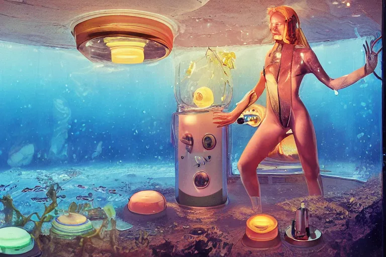 Image similar to high-angle view of a Ukrainian lush female jellyfish human hybrid wearing vacuum tube amp roman armor and transparent amber neck guard with transparent digital number readout floating in front of face, sitting inside of an submerged 1970s bungalow cabin with sunken floor and infinity mirror table, submersible vessel seamlessly rising through floor, soviet computer console on wall, ektachrome color photograph, volumetric lighting, off-camera flash, 24mm f8 aperture