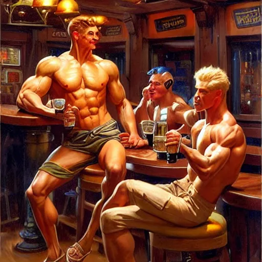 Prompt: attractive muscular aliens with brunet hair and attractive muscular alien with blond hair. pants and shorts, drinking their hearts out, in a pub. very defined and detailed painting by j. c. leyendecker, gaston bussiere, craig mullins 8 k