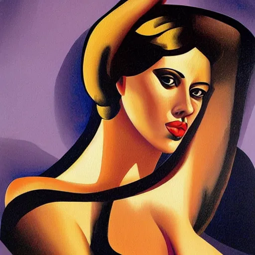 Image similar to painting of Scarlett Johansson bathing, style of Tamara de Lempicka