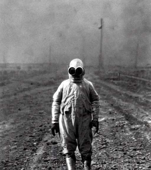 Image similar to man in a hazmat suit and gasmask in distance, ww1 film photo, grainy, high detail, high resolution