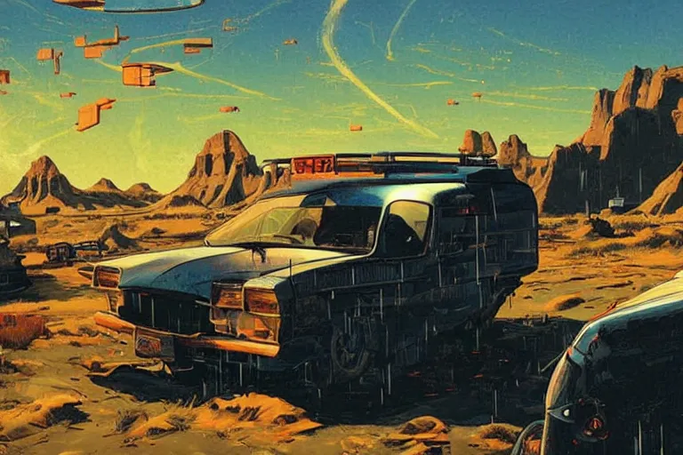 Image similar to a van has crashed and rolled over in the badlands. it's shipment has spilled out. art in the style of vincent di fate's cyberpunk 2 0 2 0.