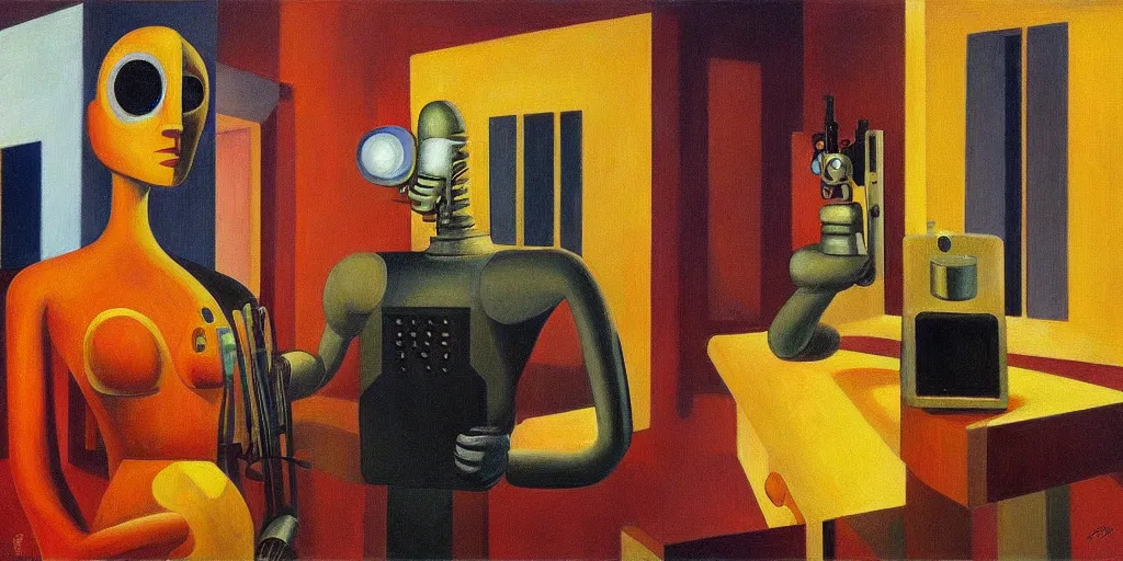 Prompt: super - intelligent robot with kind eyes portrait, lowbrow, pj crook, grant wood, edward hopper, oil on canvas