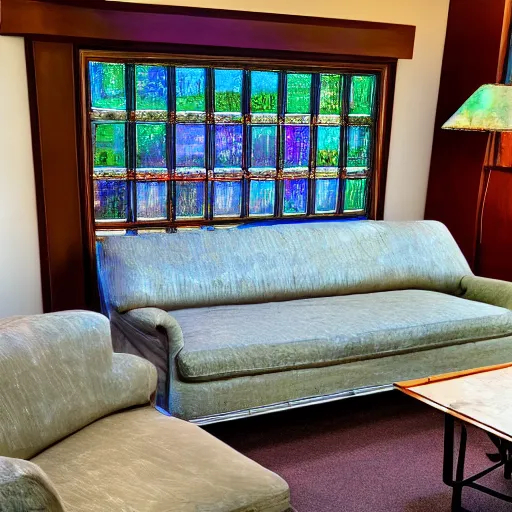 Prompt: photo of sofa with integrated backlit stained glass designed by Frank Lloyd Wright