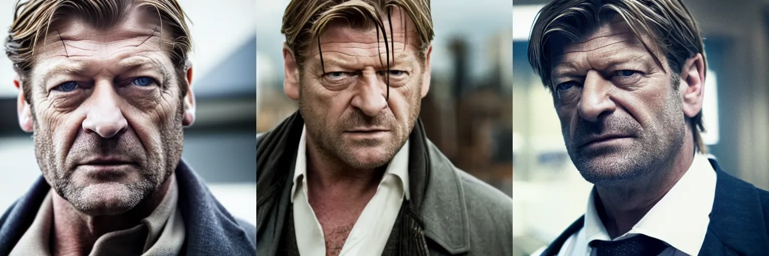 Prompt: close-up of Sean Bean as a detective in a movie directed by Christopher Nolan, movie still frame, promotional image, imax 70 mm footage
