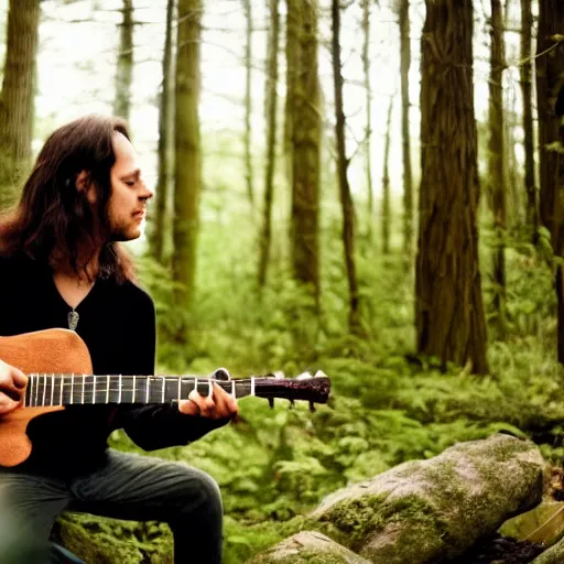 Prompt: Photograph Of Longhair male playing guitar in forest