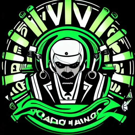 Prompt: svg vector sticker of absolutely insane-mad-robotic-hero-villain, rocking out, wearing headphones, huge speakers, dancing, rave, DJ, spinning records, digital art, amazing composition, rule-of-thirds, award-winning, trending on artstation, featured on deviantart