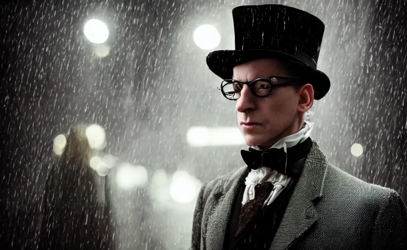 Image similar to cinestill 5 0 d candid photographic portrait by david cronenberg of baroque steampunk cyborg gentleman wearing an edwardian suit and top hat, modern cyberpunk moody emotional cinematic, closeup, pouring rain menacing lights shadows, 8 k, hd, high resolution, 3 5 mm, f / 3 2, ultra realistic faces, ex machina