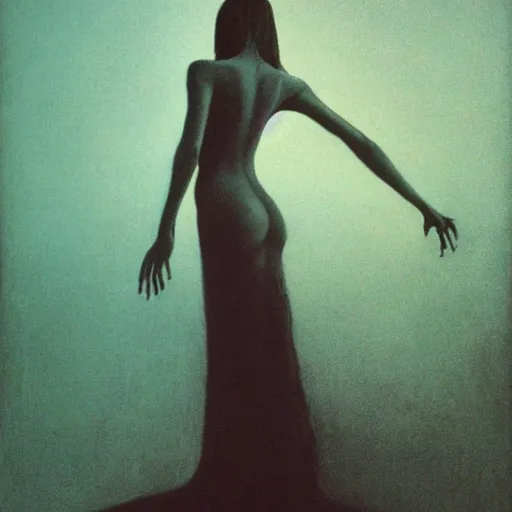 Prompt: a woman in a dress posing, feeling of surrender, by Zdzislaw Beksinski