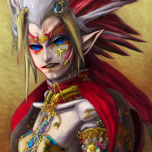 Prompt: kefka final fantasy 6 in the art style of breath of the wild and yoshitaka amano, grimdark dramatic lighting, digital art, intricate, highly detailed, matte painting, fine art