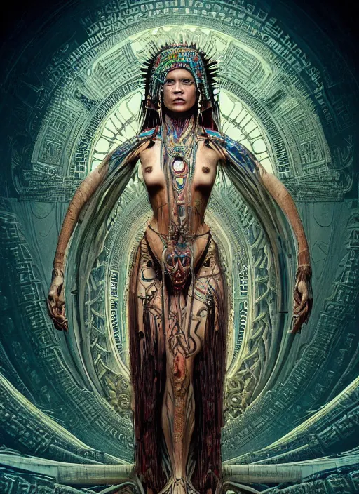 Image similar to masterpiece portrait of an beautiful aztec girl with biomechanical modifications surrounded by chromatic ink pour and flowing liquid complex sacred geometry, powerful, cinematic, dramatic lighting, by elden ring, h. r. giger, beksinski, alphonse mucha, artgerm, donato giancola, tom bagshaw, trending on cgsociety, octane render, 8 k