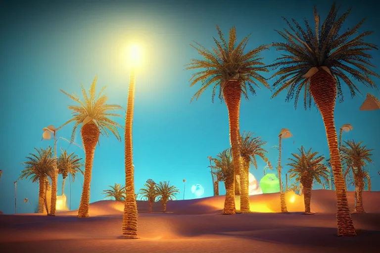 Prompt: Arabian nights theme desert lights show neon on palm trees hype realistic realistic 3d render octane render drone light