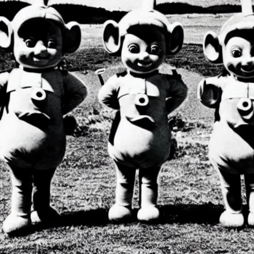 Prompt: old photo of teletubbies wearing japanese soldier gear