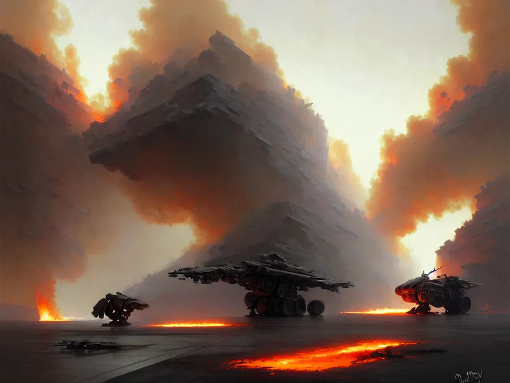 Image similar to large robot crash site, fires, smoke, dust, concept art, intricate, digital painting, smooth, sharp focus, illustration, from Metal Gear, by Ruan Jia and Mandy Jurgens and William-Adolphe Bouguereau, Artgerm,